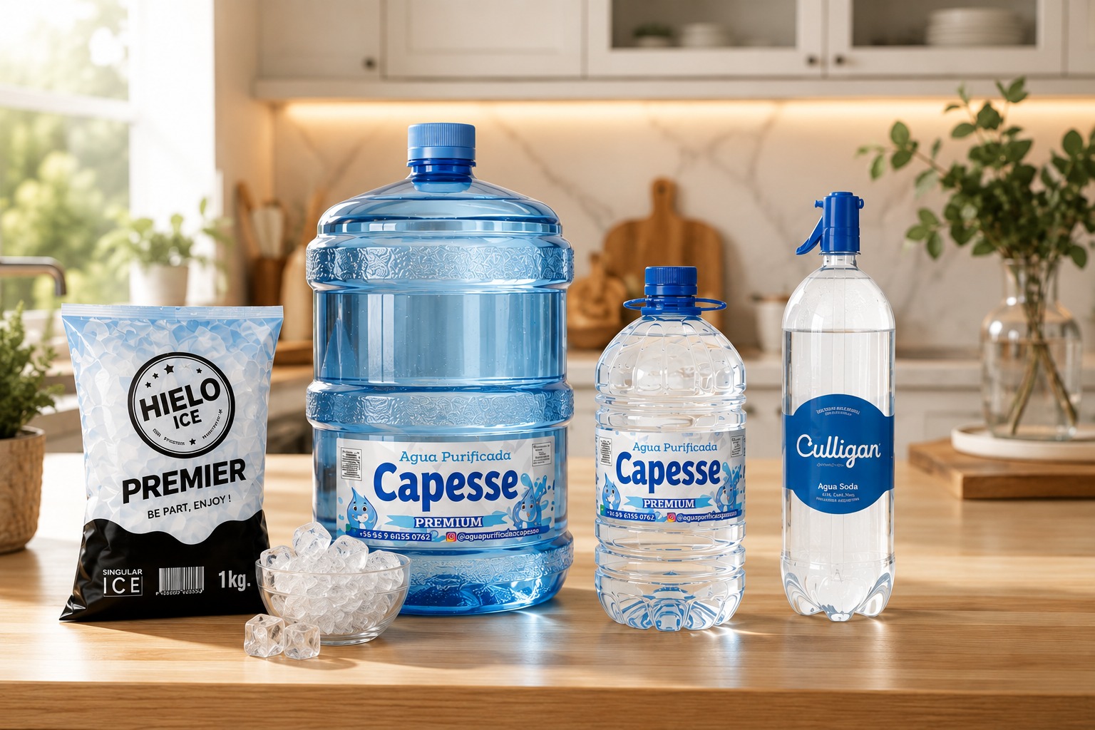 Bidón, botella y agua soda Capesse en cocina